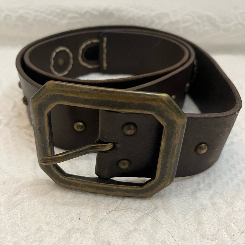Vintage belt brown leather brass colored buckle round cutouts